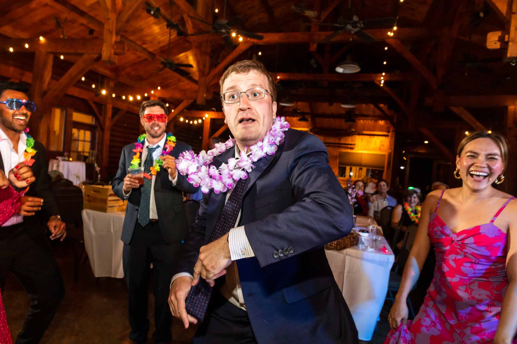 Wedding reception with dance floor and window light at Adventures on the Gorge